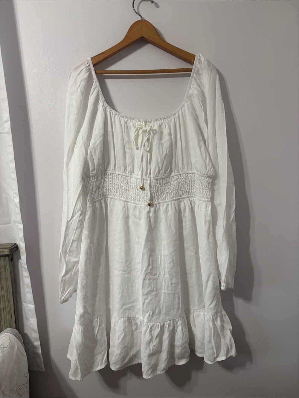 White Long-Sleeve Smocked Waist Dress
